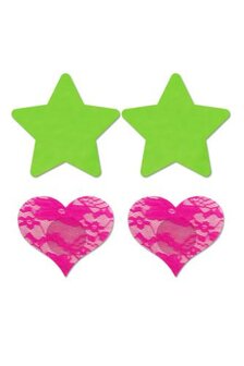 Tepelstickers Ster &amp; Hartje 2 stuks - Neon Groen/Neon Roze