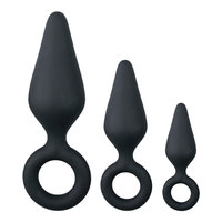 Zwarte buttplugs met trekring - setje