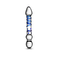 Glazen Dildo Met Blauwe Ribbels En Nopjes - Transparant